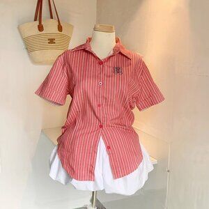 Cute Pink Striped Tie Shoulder Button Shirt